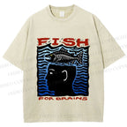 Unisex Vintage Fish For Brain Printed Washed Tee