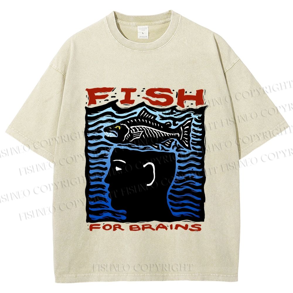 Unisex Vintage Fish For Brain Printed Washed Tee