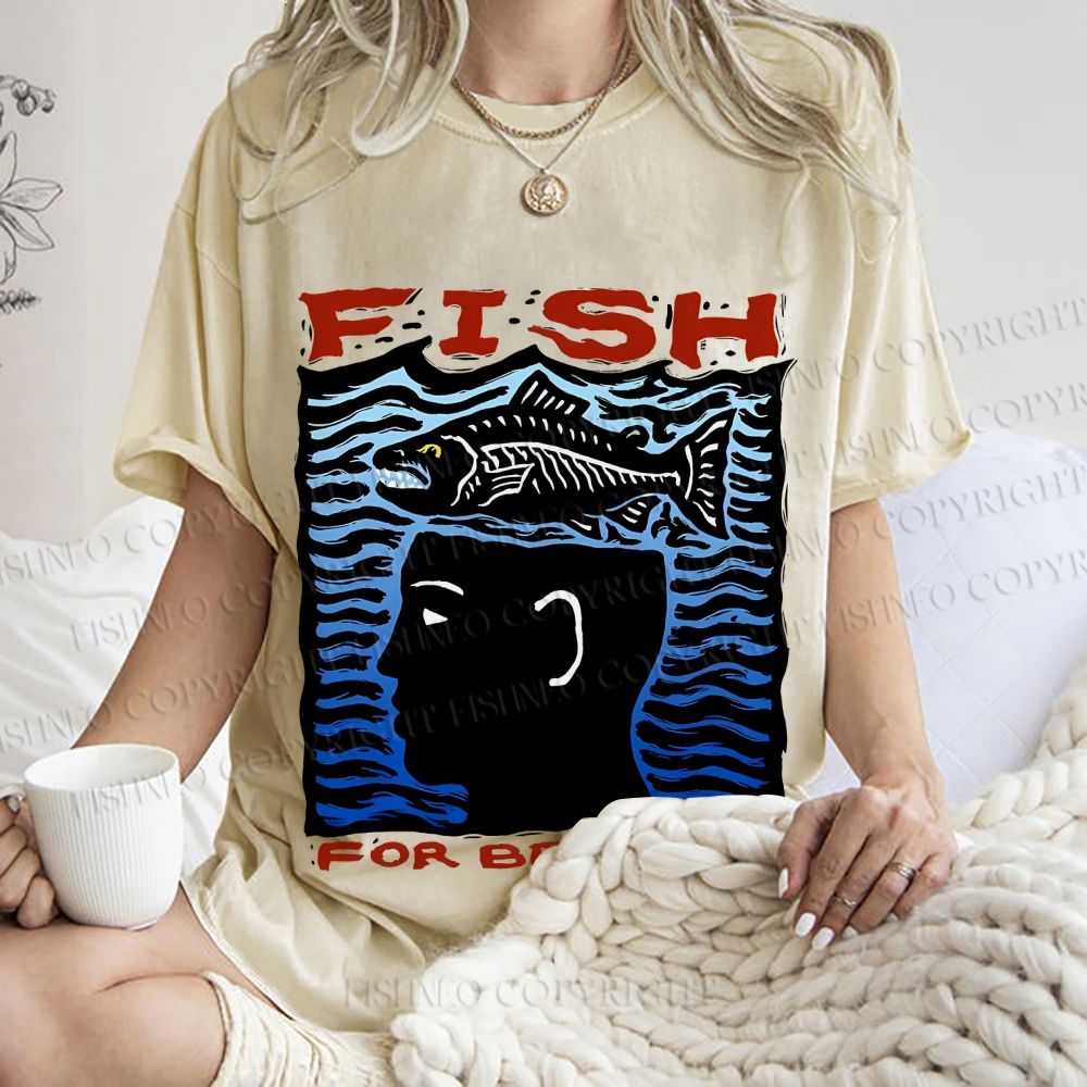 Unisex Vintage Fish For Brain Printed Washed Tee