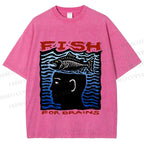 Unisex Vintage Fish For Brain Printed Washed Tee