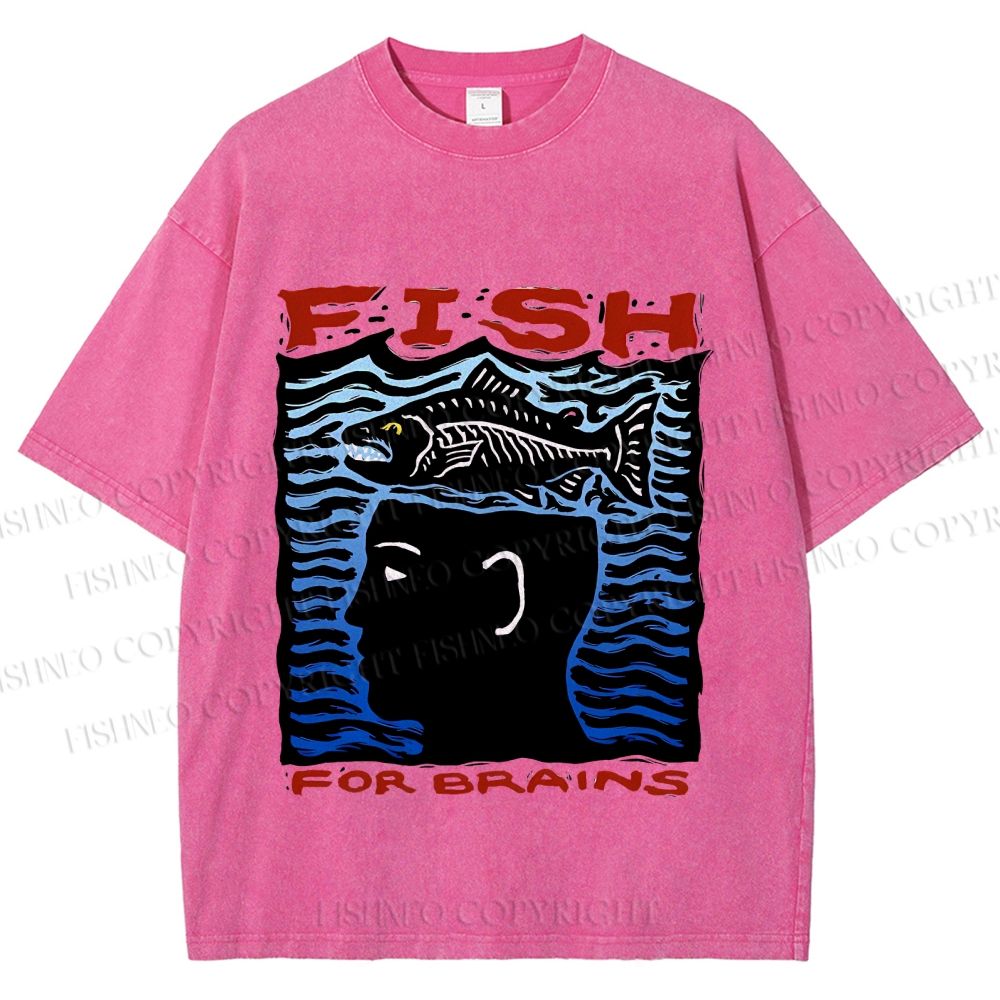 Unisex Vintage Fish For Brain Printed Washed Tee