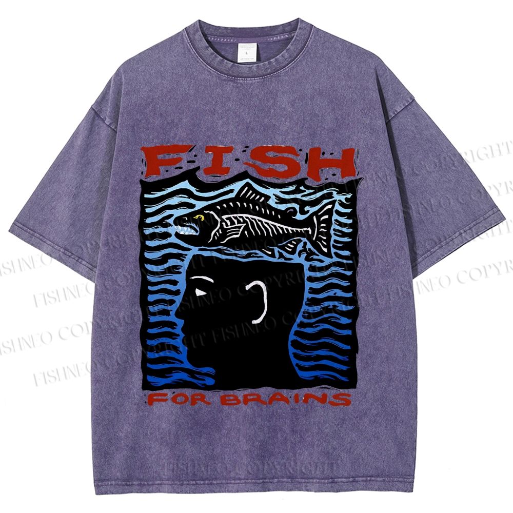 Unisex Vintage Fish For Brain Printed Washed Tee