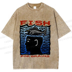 Unisex Vintage Fish For Brain Printed Washed Tee