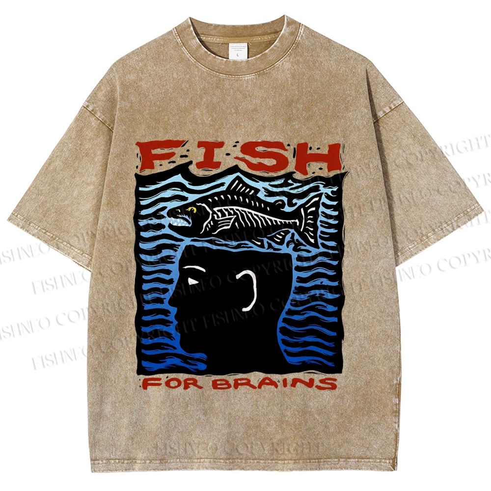 Unisex Vintage Fish For Brain Printed Washed Tee