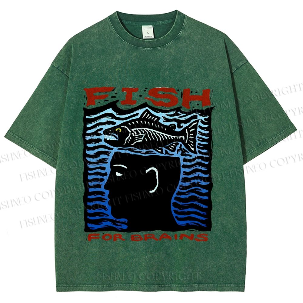Unisex Vintage Fish For Brain Printed Washed Tee