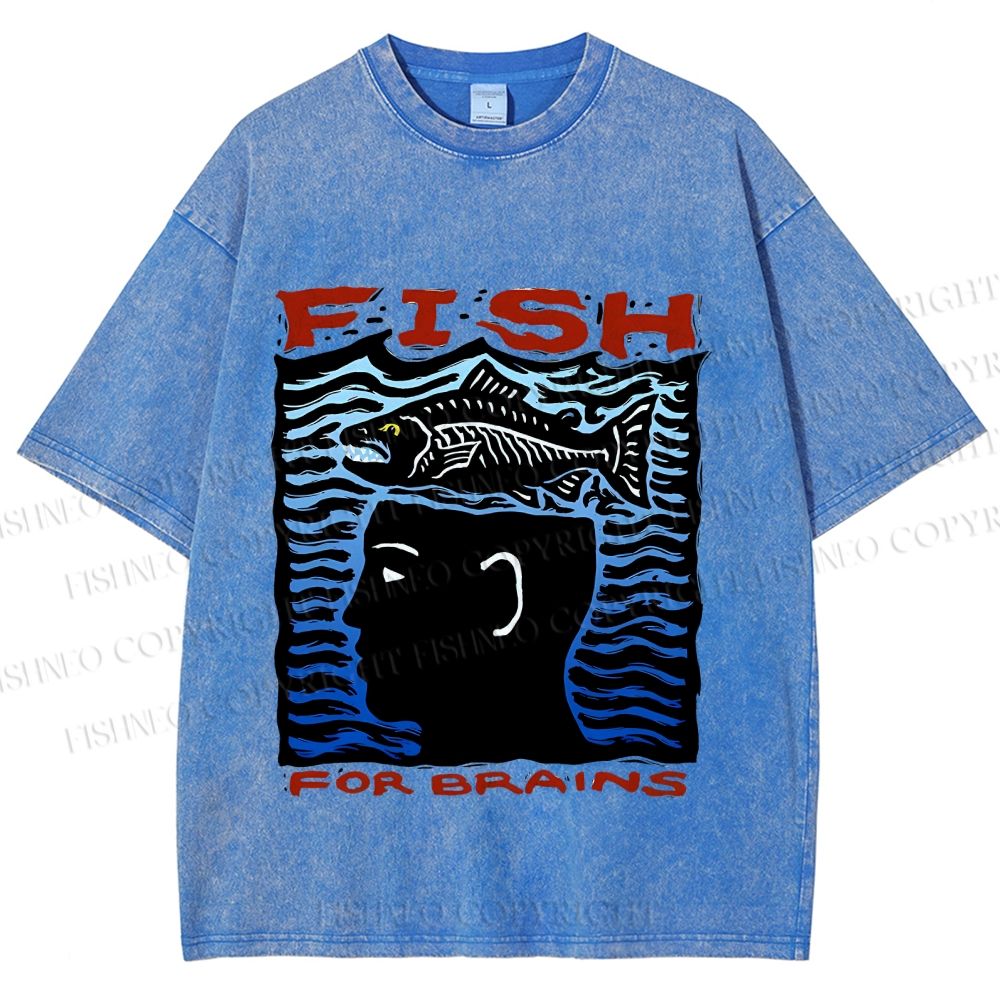 Unisex Vintage Fish For Brain Printed Washed Tee