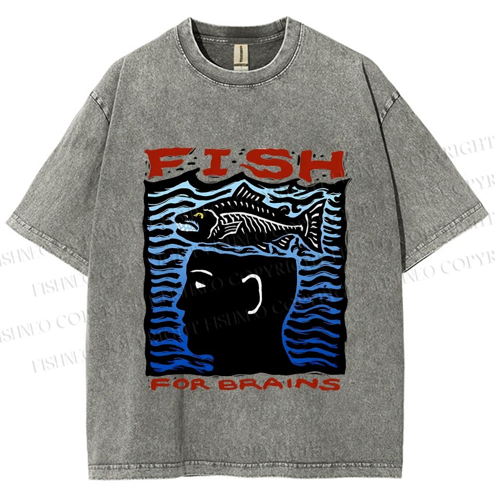 Unisex Vintage Fish For Brain Printed Washed Tee