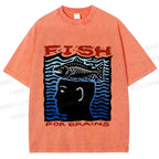 Unisex Vintage Fish For Brain Printed Washed Tee