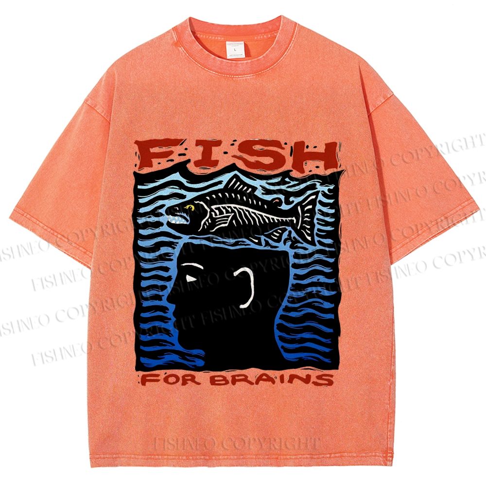 Unisex Vintage Fish For Brain Printed Washed Tee
