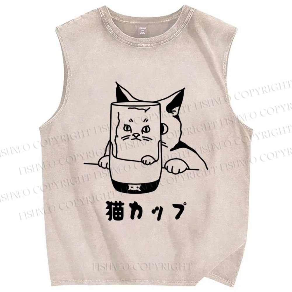 Unisex Funny Cat In Glass Printed Washed Tank Top