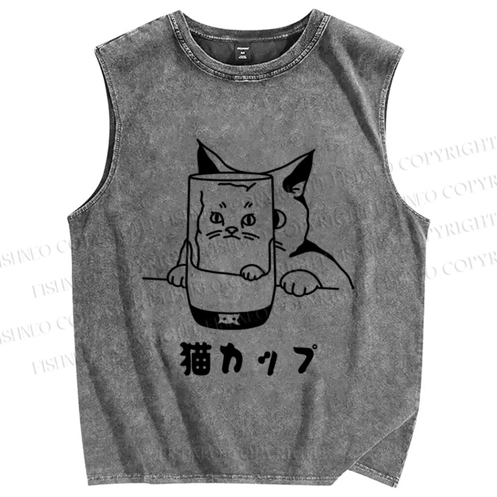 Unisex Funny Cat In Glass Printed Washed Tank Top