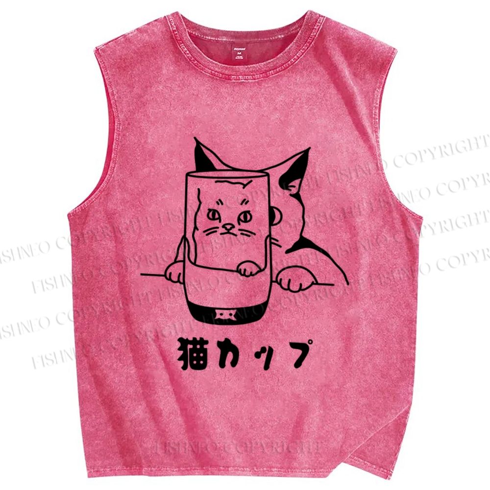 Unisex Funny Cat In Glass Printed Washed Tank Top