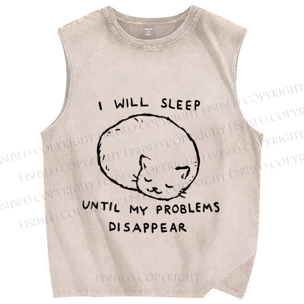 Unisex Cat Sleep Until Problem Disappear Printed Washed Tank Top