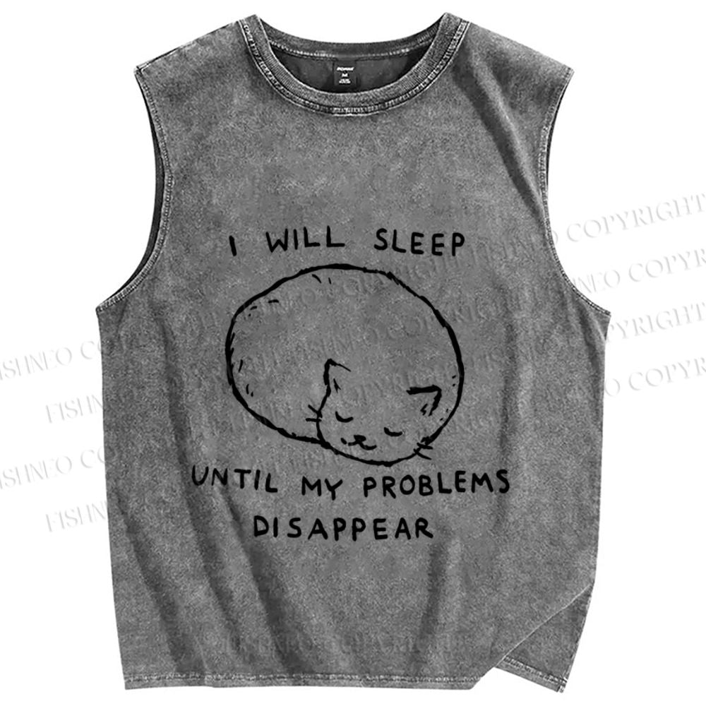 Unisex Cat Sleep Until Problem Disappear Printed Washed Tank Top