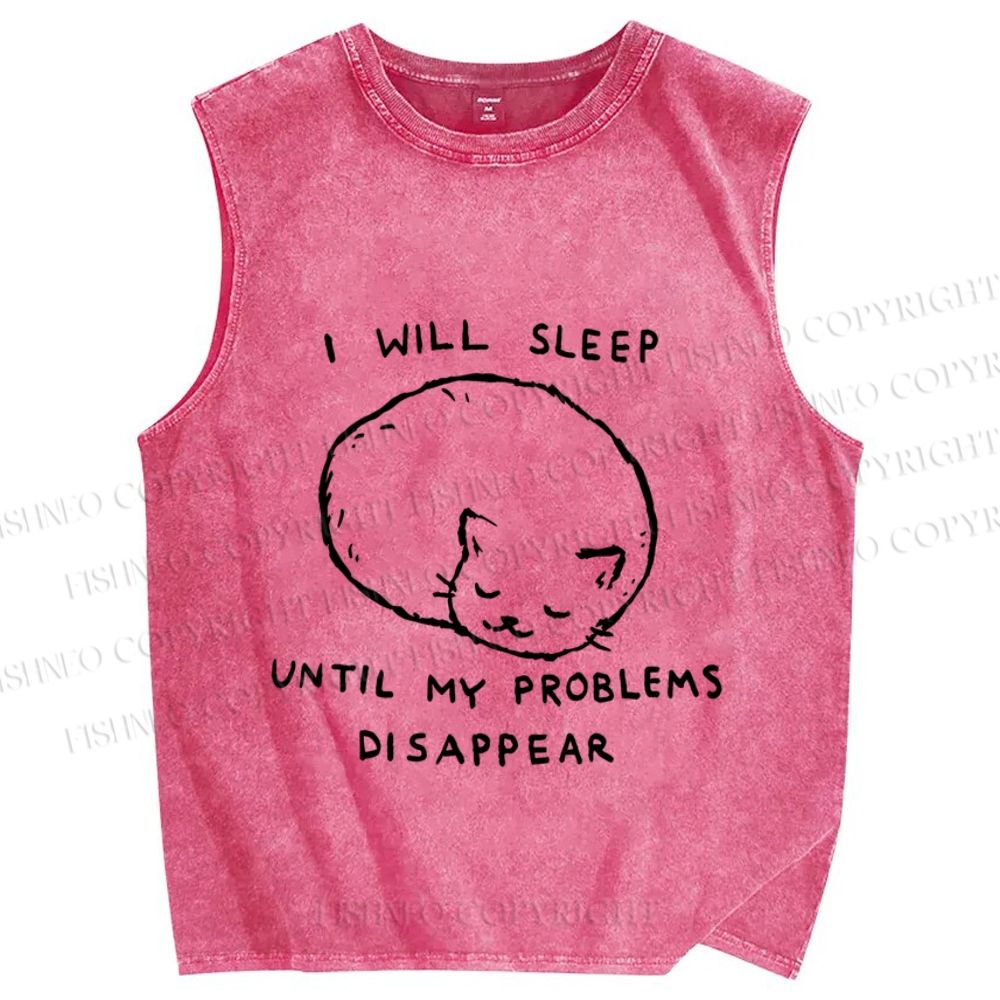 Unisex Cat Sleep Until Problem Disappear Printed Washed Tank Top