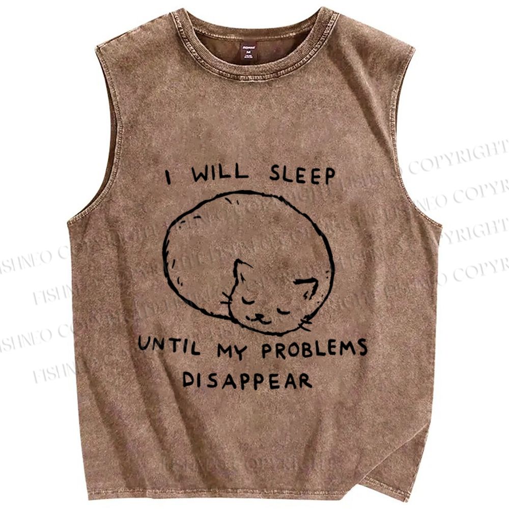 Unisex Cat Sleep Until Problem Disappear Printed Washed Tank Top