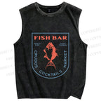 Unisex Vintage Fish Bar Printed Washed Tank Top