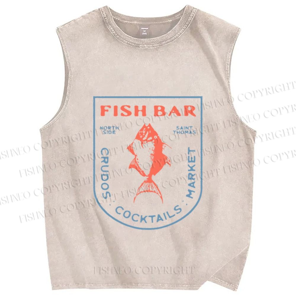 Unisex Vintage Fish Bar Printed Washed Tank Top