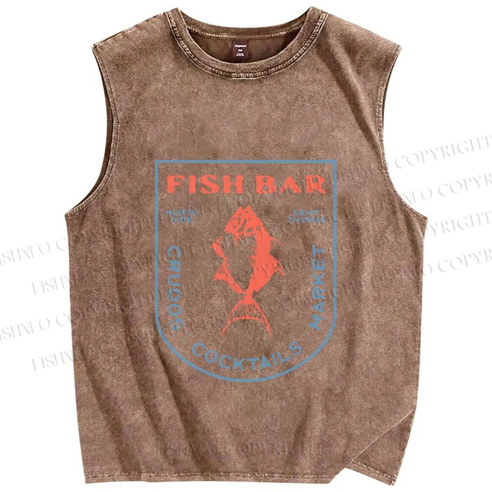 Unisex Vintage Fish Bar Printed Washed Tank Top
