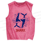 Unisex Vintage Shark Printed Washed Tank Top