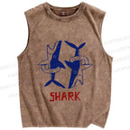 Unisex Vintage Shark Printed Washed Tank Top