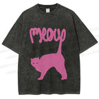 Unisex Pink Cat Meow Printed Washed Tee