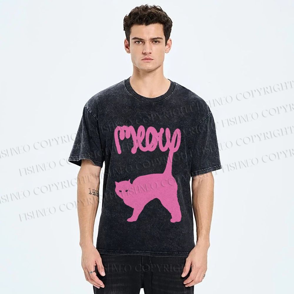 Unisex Pink Cat Meow Printed Washed Tee