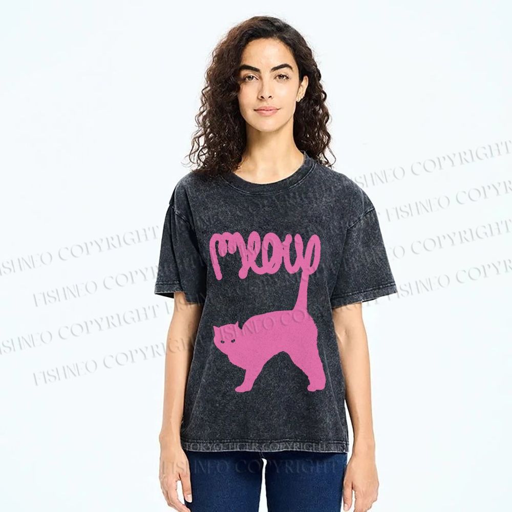 Unisex Pink Cat Meow Printed Washed Tee