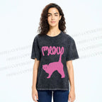 Unisex Pink Cat Meow Printed Washed Tee