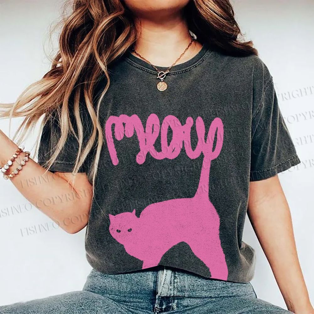Unisex Pink Cat Meow Printed Washed Tee