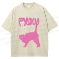 Unisex Pink Cat Meow Printed Washed Tee