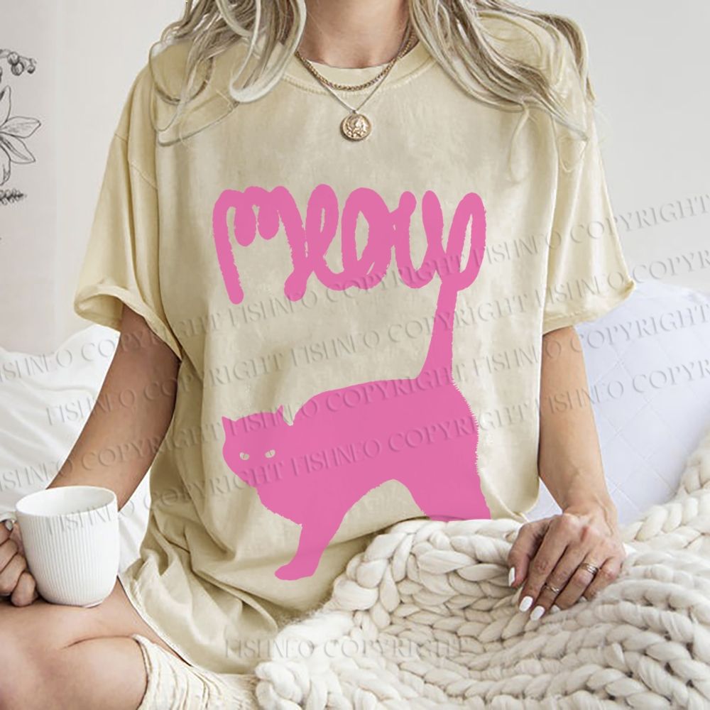 Unisex Pink Cat Meow Printed Washed Tee