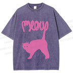 Unisex Pink Cat Meow Printed Washed Tee