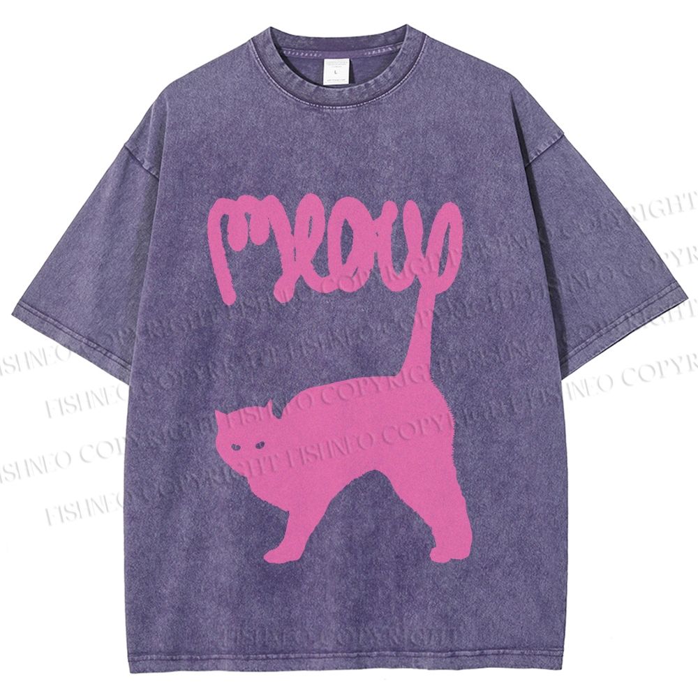 Unisex Pink Cat Meow Printed Washed Tee
