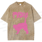 Unisex Pink Cat Meow Printed Washed Tee