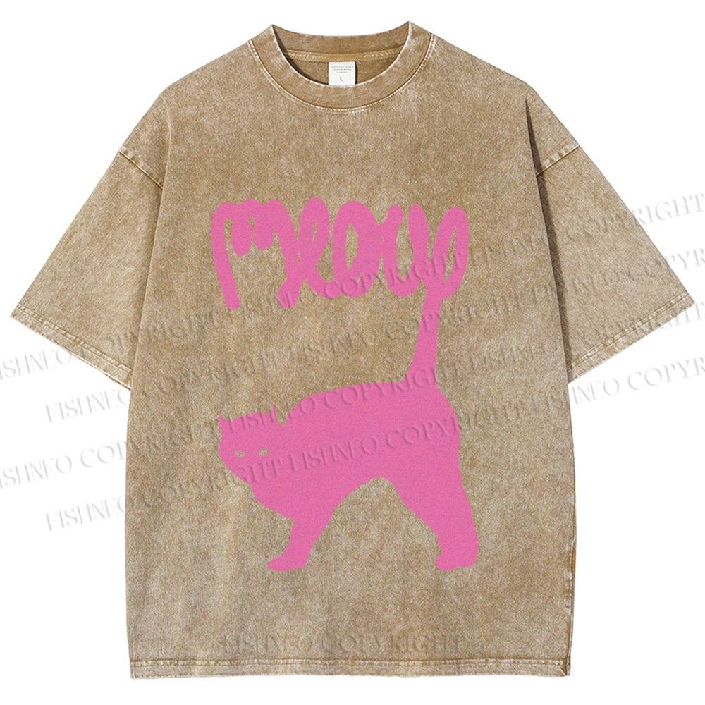 Unisex Pink Cat Meow Printed Washed Tee
