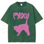 Unisex Pink Cat Meow Printed Washed Tee