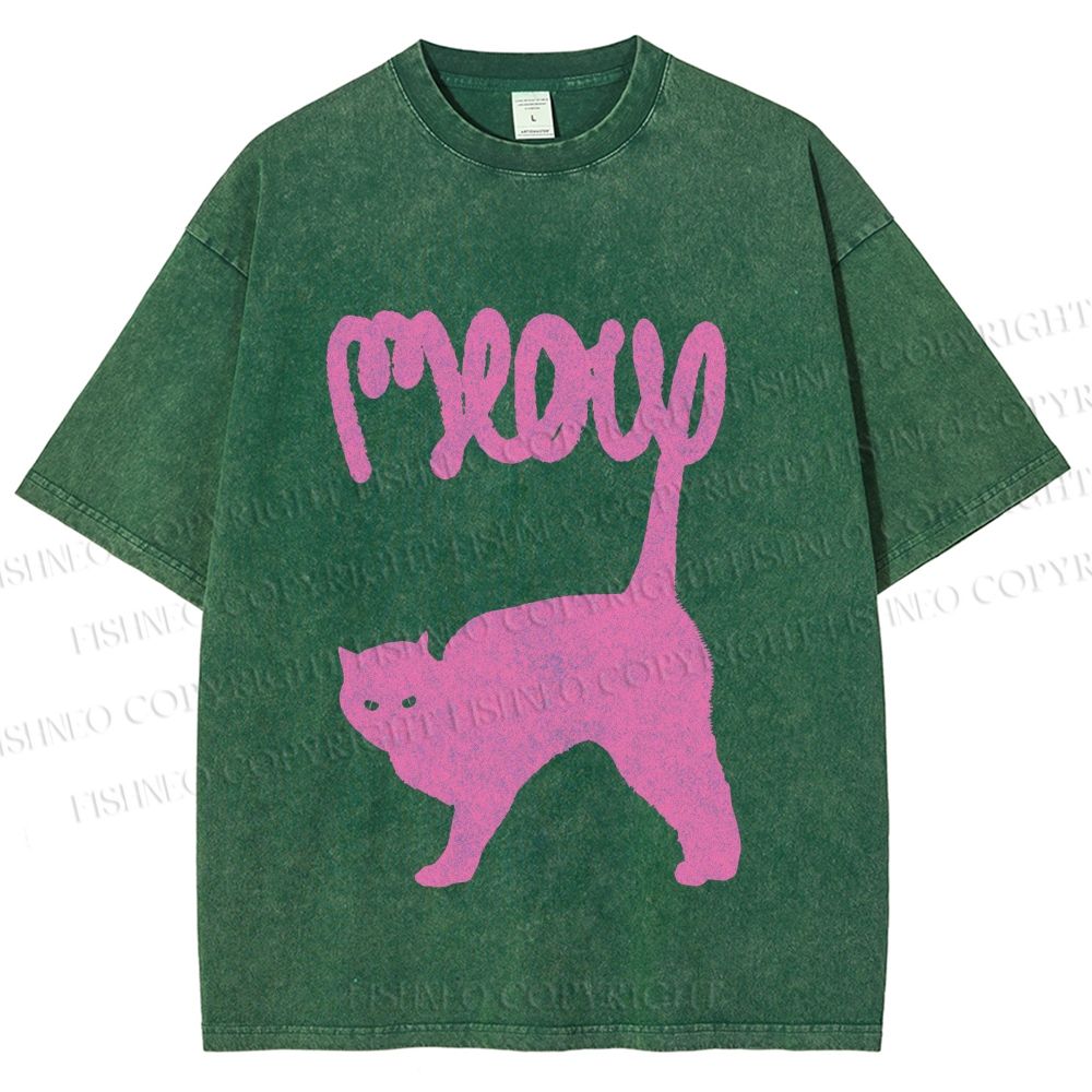 Unisex Pink Cat Meow Printed Washed Tee
