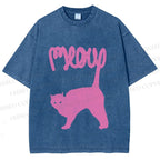 Unisex Pink Cat Meow Printed Washed Tee
