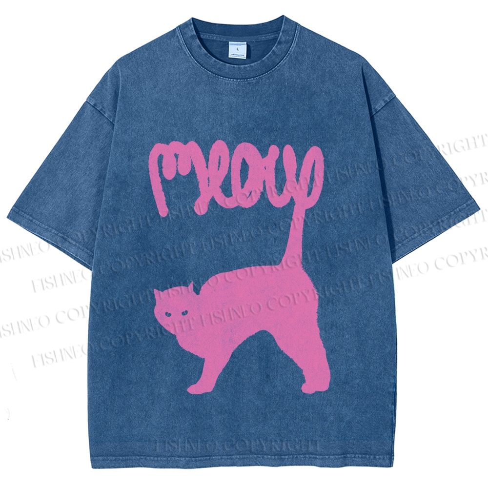 Unisex Pink Cat Meow Printed Washed Tee