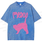 Unisex Pink Cat Meow Printed Washed Tee