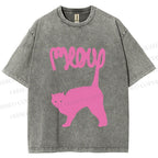 Unisex Pink Cat Meow Printed Washed Tee