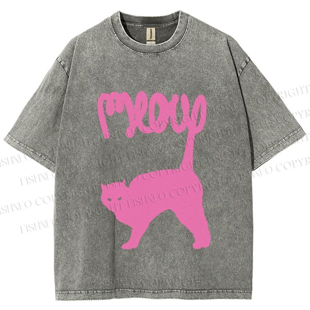 Unisex Pink Cat Meow Printed Washed Tee