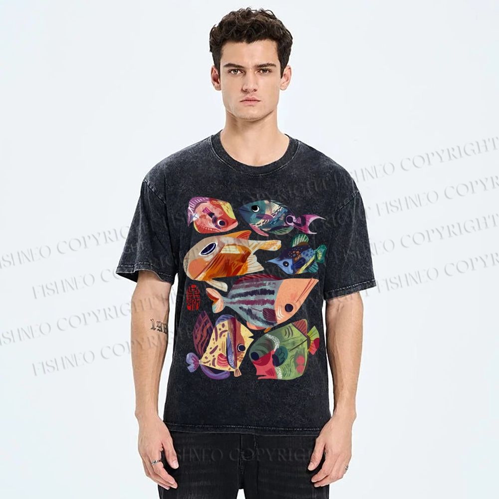 Unisex Colorful Cartoon Fish Printed Washed Tee