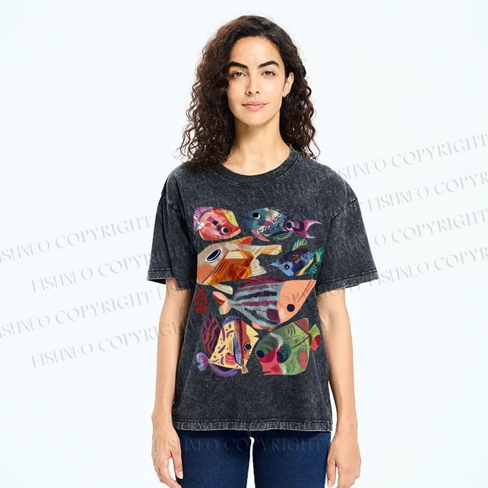 Unisex Colorful Cartoon Fish Printed Washed Tee