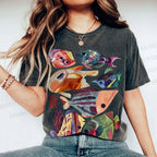 Unisex Colorful Cartoon Fish Printed Washed Tee