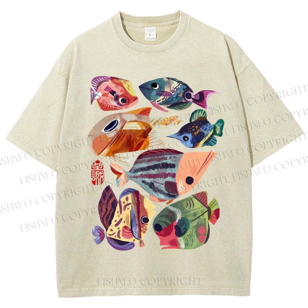 Unisex Colorful Cartoon Fish Printed Washed Tee