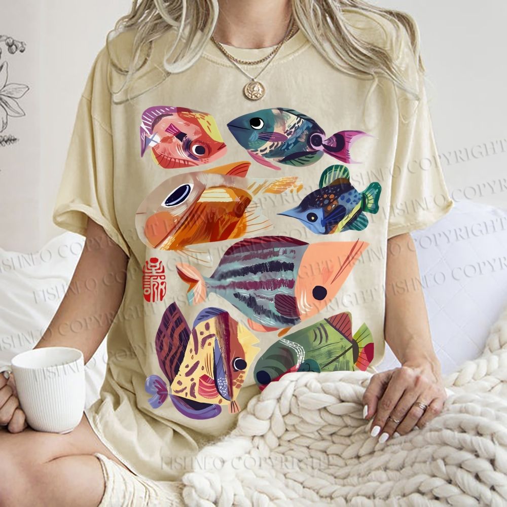 Unisex Colorful Cartoon Fish Printed Washed Tee