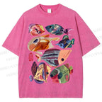 Unisex Colorful Cartoon Fish Printed Washed Tee