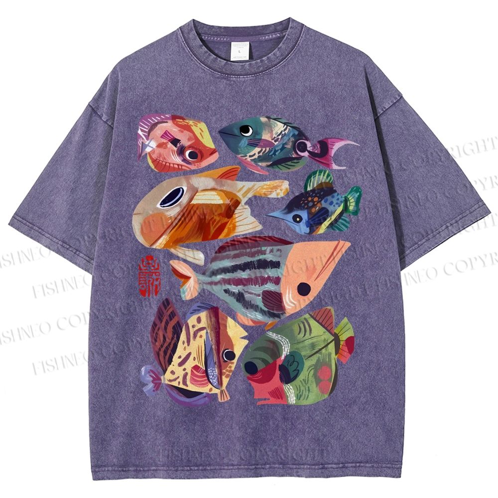 Unisex Colorful Cartoon Fish Printed Washed Tee
